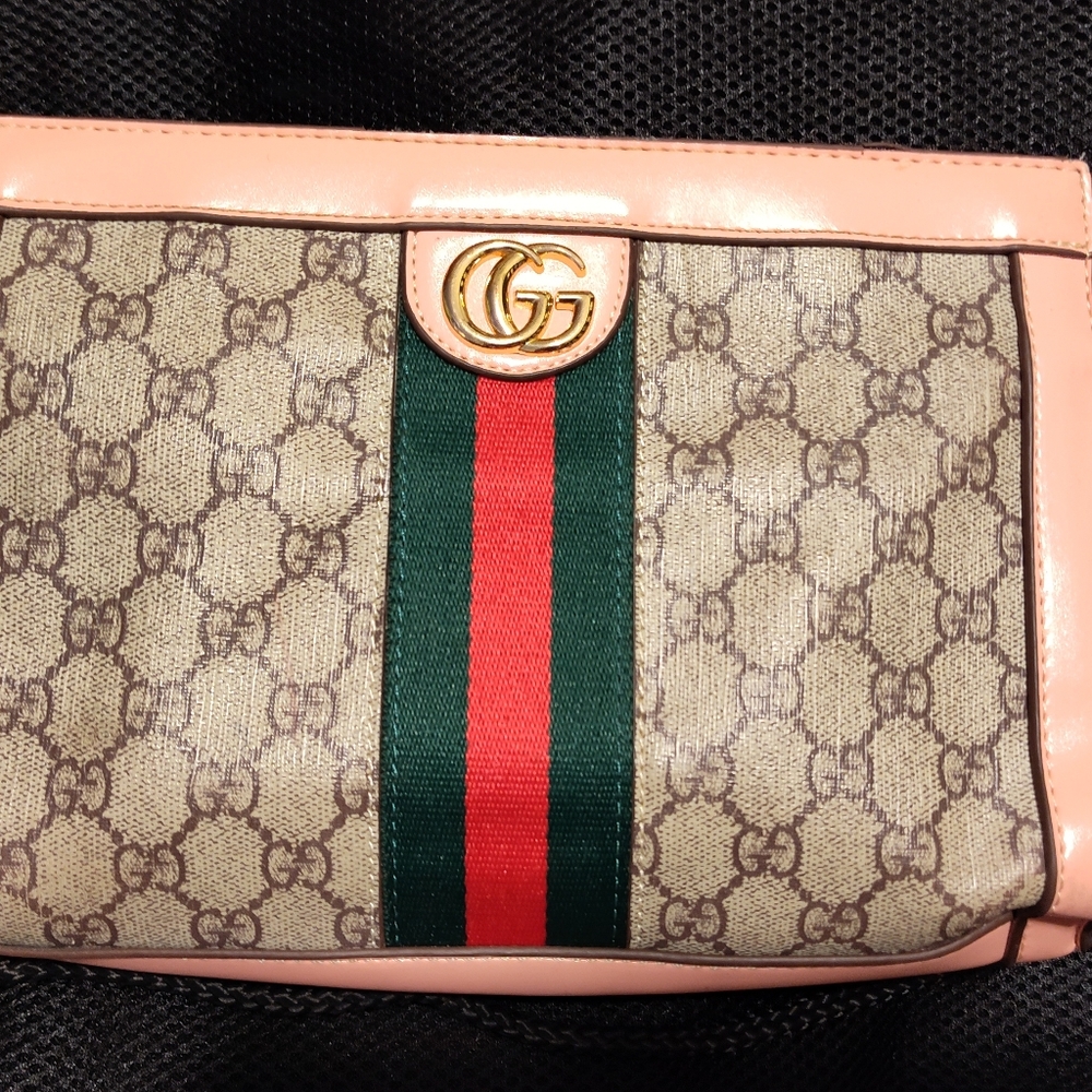 Gucci Ophidia Pouch Clutch, Beige, GG Canvas Pink Trim Small Bag